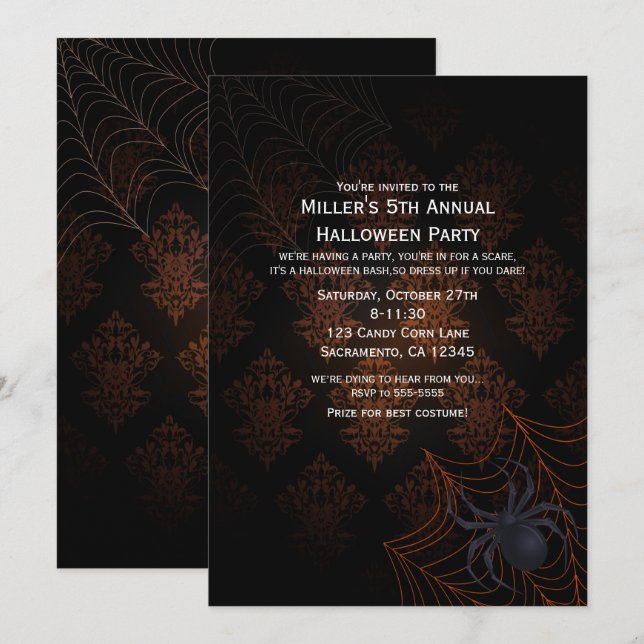 Halloween-Party "Orange & Black Damask" Einladung (Vorne/Hinten)