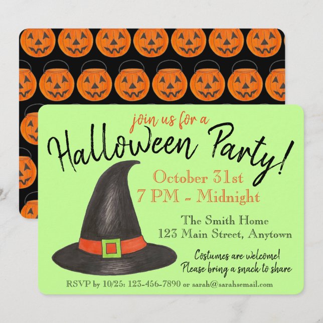 Halloween-Party Orange Pumpkin Black Hexenhut Einladung (Vorne/Hinten)
