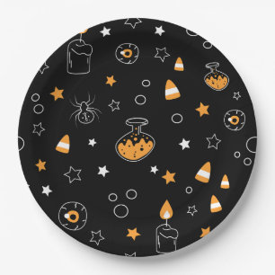 Halloween-Party orange Schwarz-weiß Pappteller
