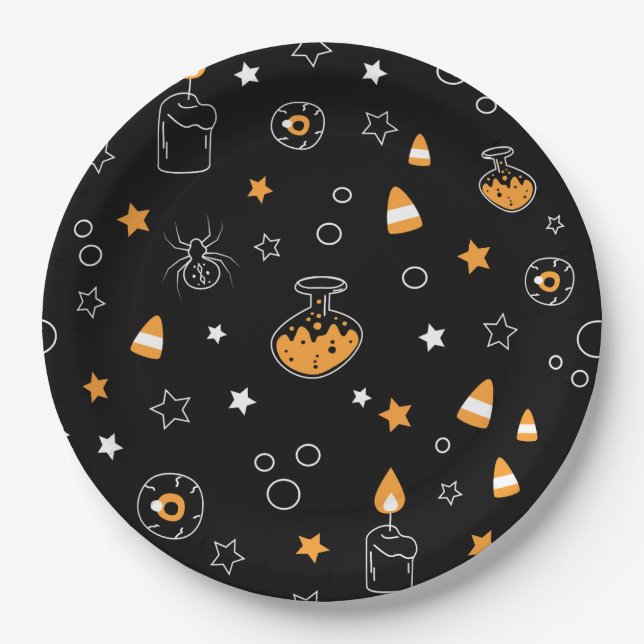 Halloween-Party orange Schwarz-weiß Pappteller (Vorderseite)