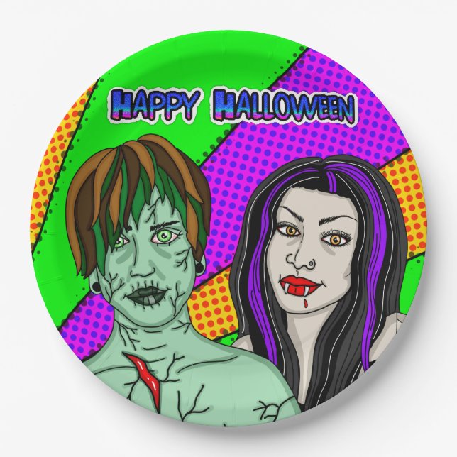 Halloween-Party | Pop Art zombie Vampire Pappteller (Vorderseite)