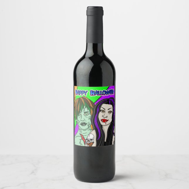 Halloween-Party | Pop Art zombie Vampire Weinetikett (Vorderseite)