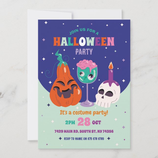Halloween-Party Retro Cocktails Vintager Schädel Einladung (Vorderseite)