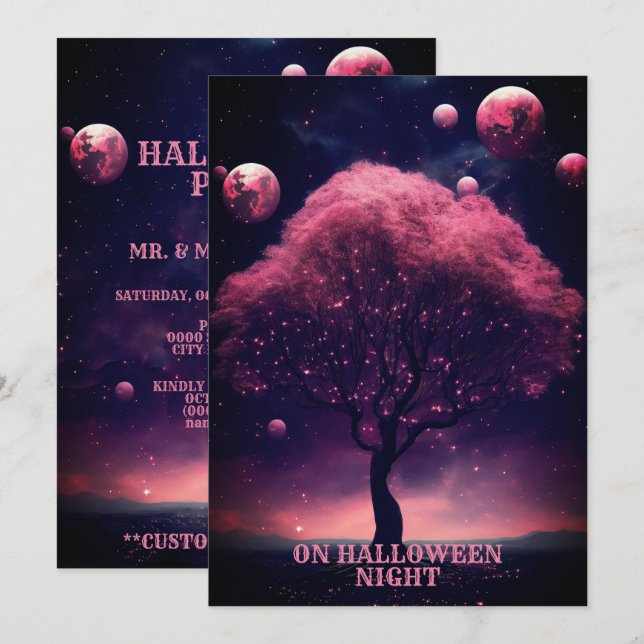 Halloween-Party Rosa Baum Roter Mond Dunkle Nacht Einladung (Vorne/Hinten)