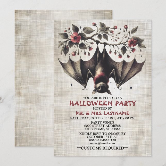 Halloween-Party Rosa Blume Bat Green Blätter Einladung (Vorne/Hinten)