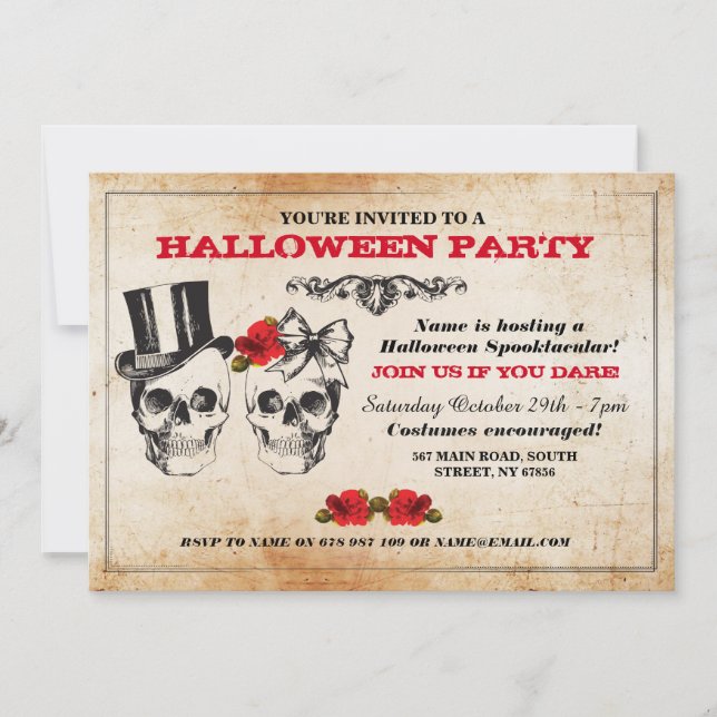 Halloween-Party-Schädel-Rosen-Horror-Kostüm laden Einladung (Vorderseite)