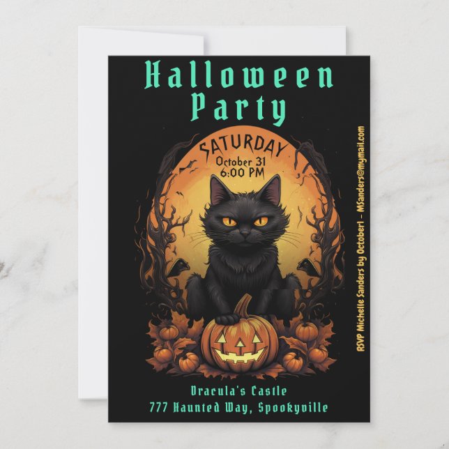 Halloween-Party | Schwarze Katze und Pumpkin Einla Einladung (Vorderseite)