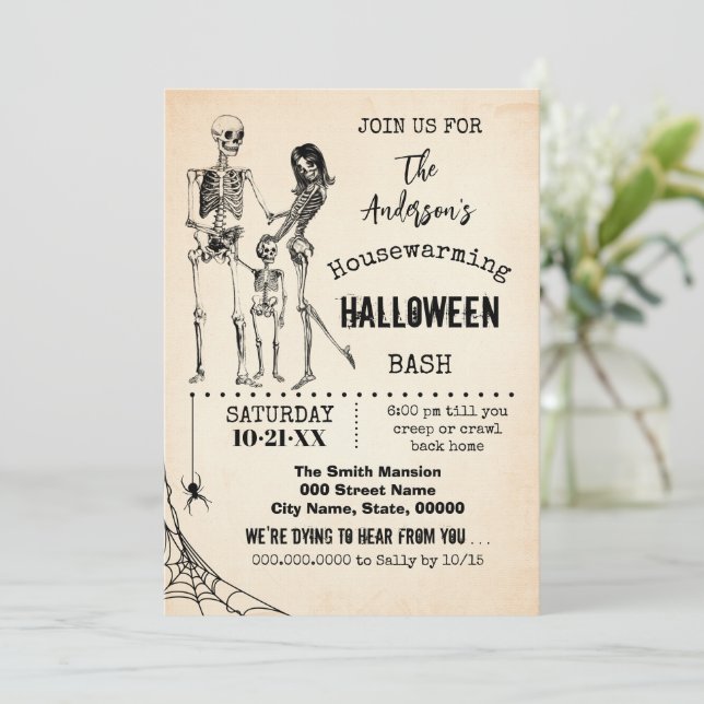 Halloween-Party-Skelette für die Hauswärmung Einladung (Stehend Vorderseite)