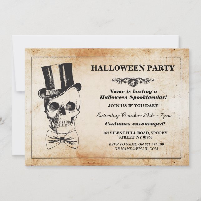 Halloween-Party Skull Top Hat Bow Krawatte Spook E Einladung (Vorderseite)
