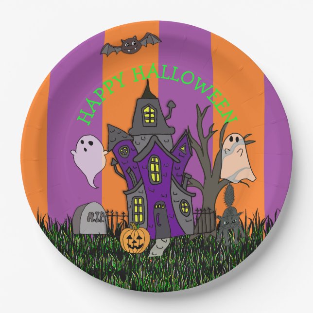 Halloween-Party Spuk House, Black Cat und Ghost Pappteller (Vorderseite)