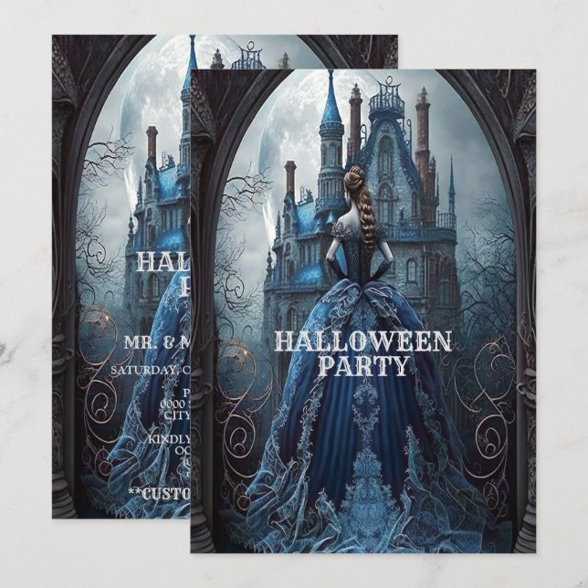 Halloween-Party Spuk House Blue Night Beängstigend Einladung (Vorne/Hinten)