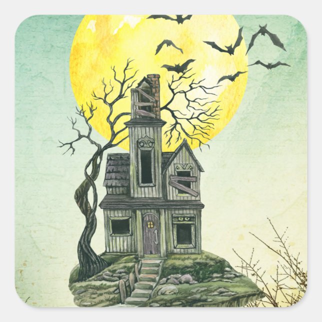 Halloween-Party Spuk House Vollmond Quadratischer Aufkleber (Vorderseite)