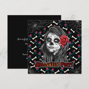 HALLOWEEN-PARTY SUGAR-SKULL-GIRL & ROTE ROSEN EINLADUNG