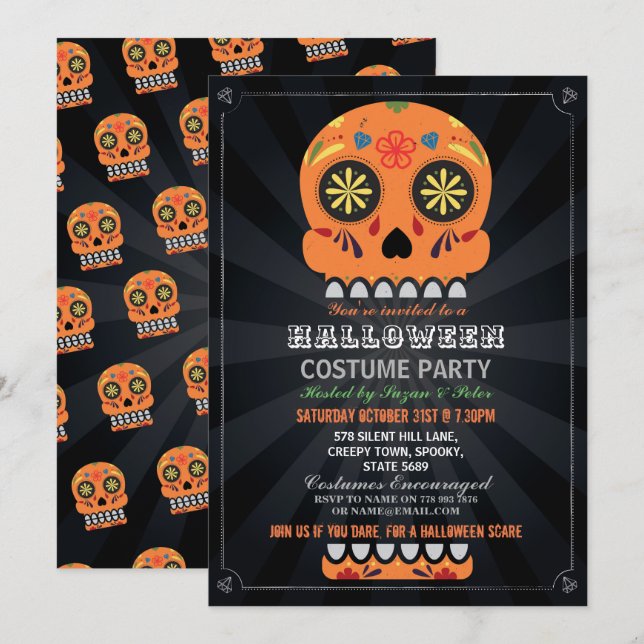 Halloween-Party Sugar Skull Oktober Orange Pumpkin Einladung (Vorne/Hinten)