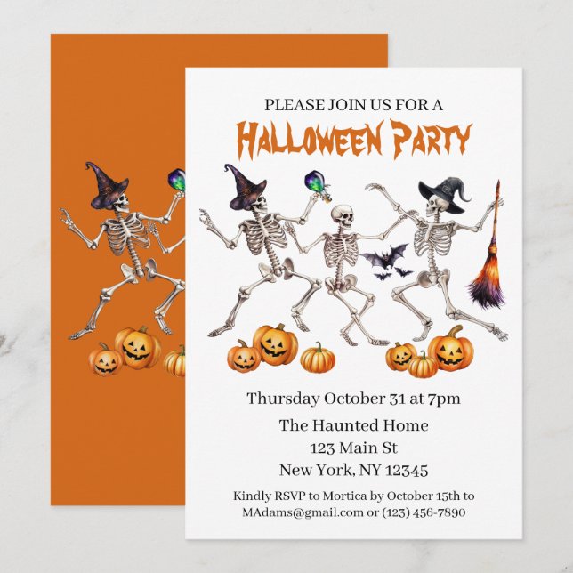 Halloween-Party tanzende Skelette Einladung (Vorne/Hinten)