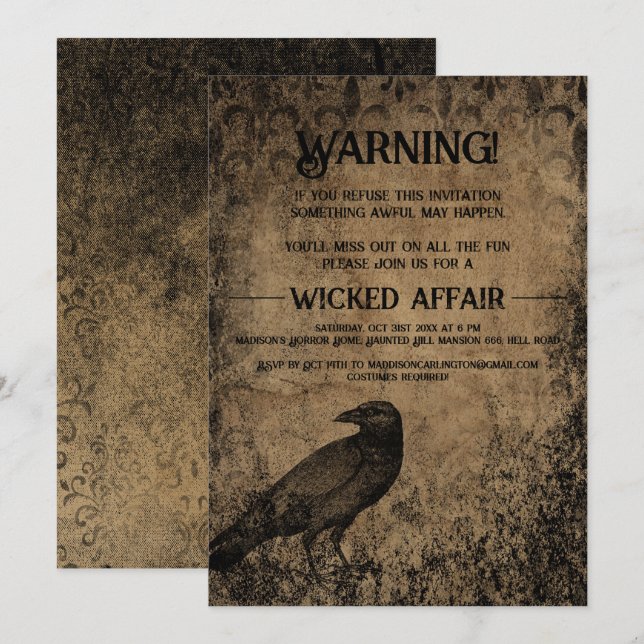 Halloween-Party Vintag Gothic Raven Einladung (Vorne/Hinten)