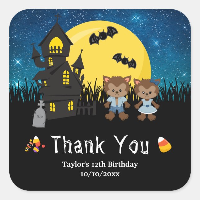 Halloween Party Werewolf Blue Quadratischer Aufkleber (Vorderseite)