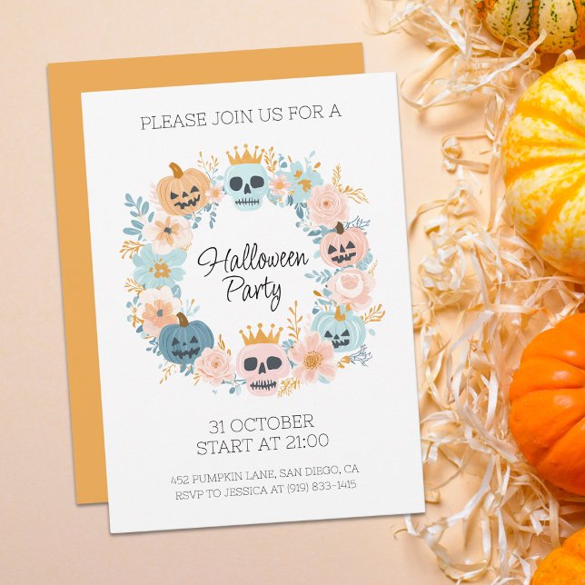 Halloween Pastel Skull Pumpkin Floral Chic Party Einladung (Halloween Pastel Skull Pumpkin Floral Chic Party Invitation)