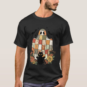 Halloween Patchwork-Geist Schwarze Katze Süße Blum T-Shirt