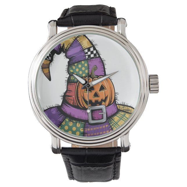 Halloween Patchwork Hexenhut Spooky Armbanduhr (Vorderseite)