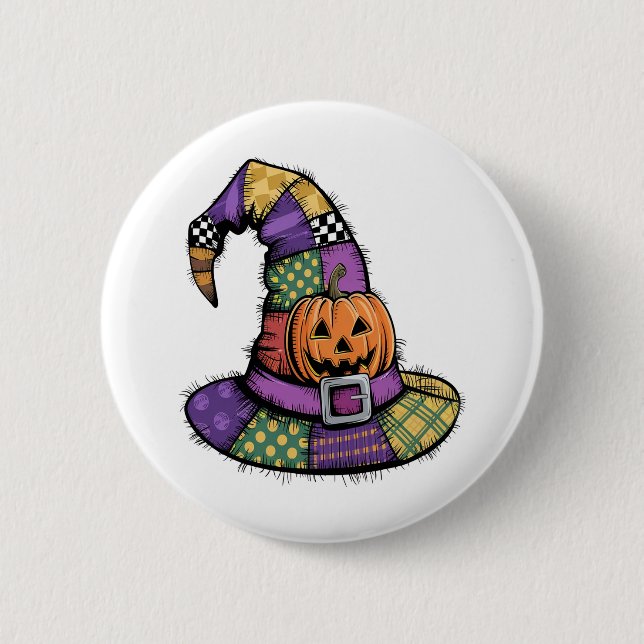 Halloween Patchwork Hexenhut Spooky Button (Vorderseite)