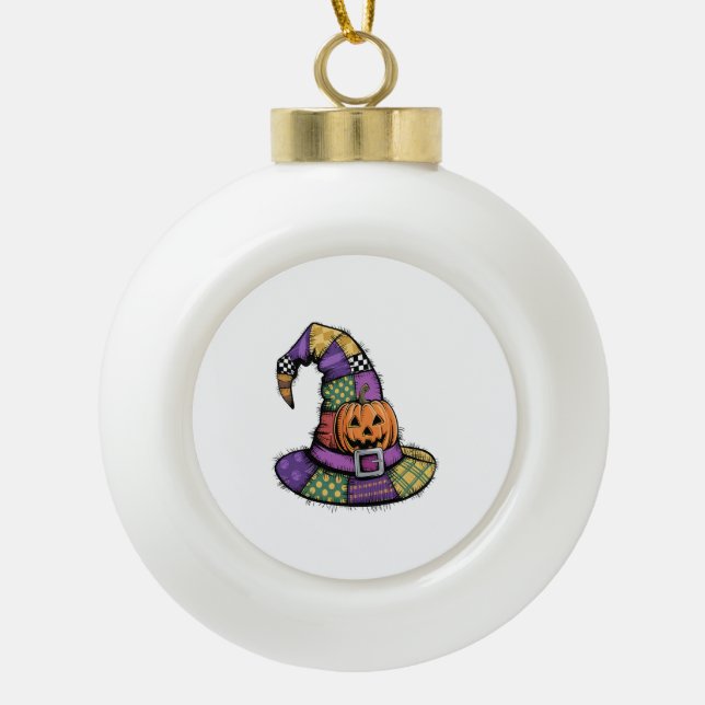 Halloween Patchwork Hexenhut Spooky Keramik Kugel-Ornament (Vorderseite)