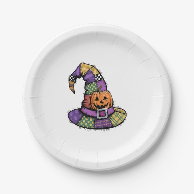 Halloween Patchwork Hexenhut Spooky Pappteller (Vorderseite)