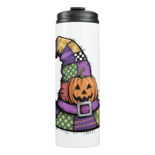 Halloween Patchwork Hexenhut Spooky Thermosbecher (Vorderseite)