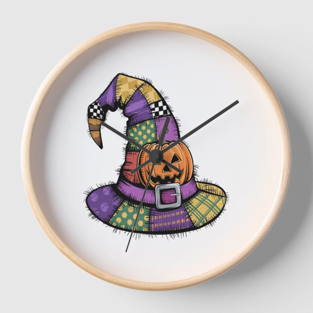 Halloween Patchwork Hexenhut Spooky Uhr (Vorderseite)
