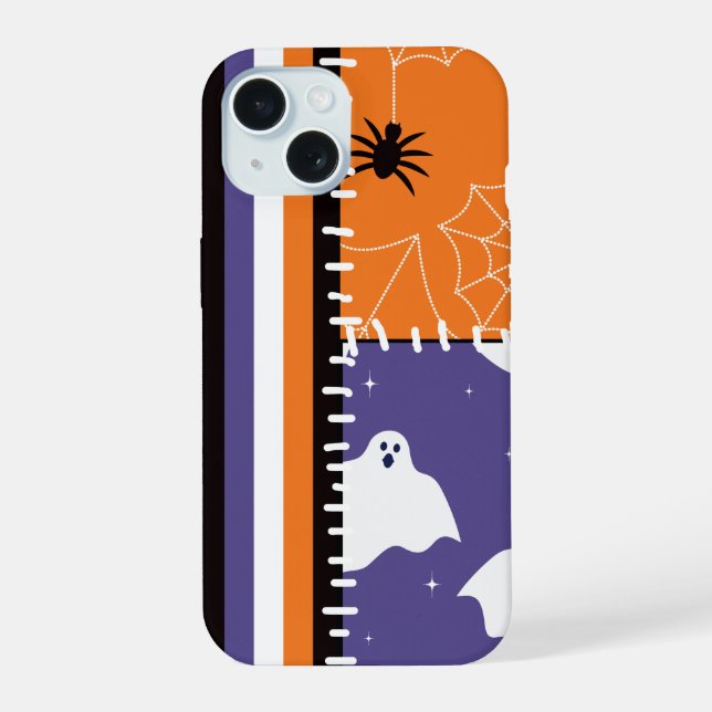 Halloween Patchwork Stripes Ghosts iPhone 15 Hülle (Rückseite)