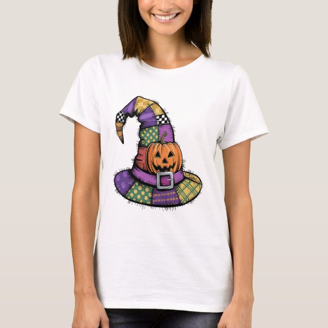 Halloween Patchwork Witch Hat Spooky T-Shirt (Vorderseite)