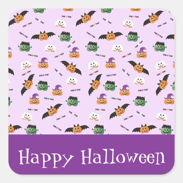 Halloween Pattern Vielen Dank Pumpkins Lila Quadratischer Aufkleber (Vorderseite)