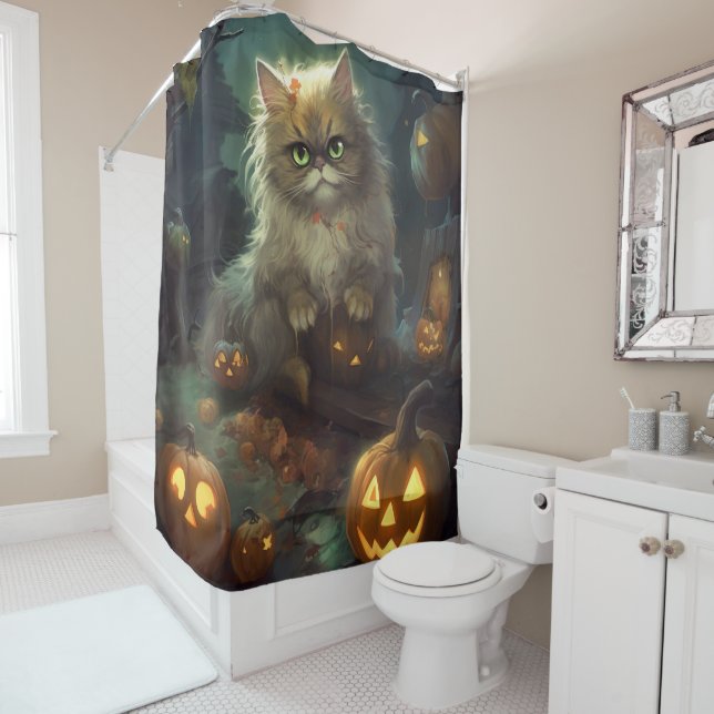 Halloween Persische Katze mit Kürbiskugeln Beängst Duschvorhang (Beispiel)