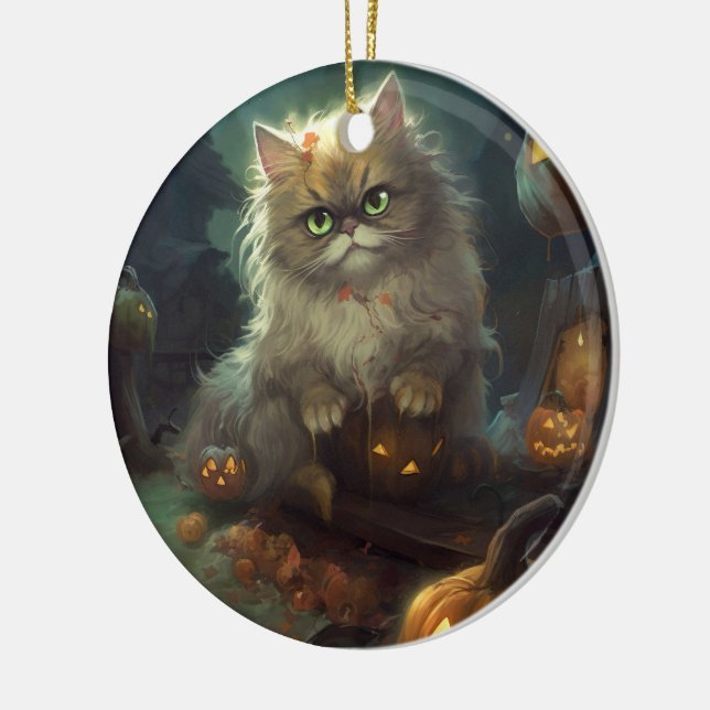 Halloween Persische Katze mit Kürbiskugeln Beängst Keramik Ornament (Links)
