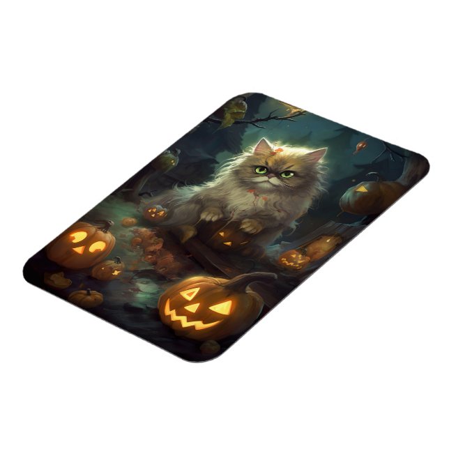 Halloween Persische Katze mit Kürbiskugeln Beängst Magnet (Linke Seite)