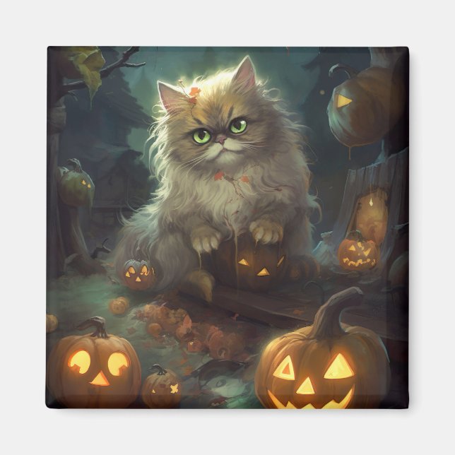 Halloween Persische Katze mit Kürbiskugeln Beängst Magnet (Vorne)