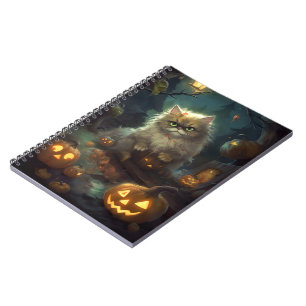 Halloween Persische Katze mit Kürbiskugeln Beängst Notizblock