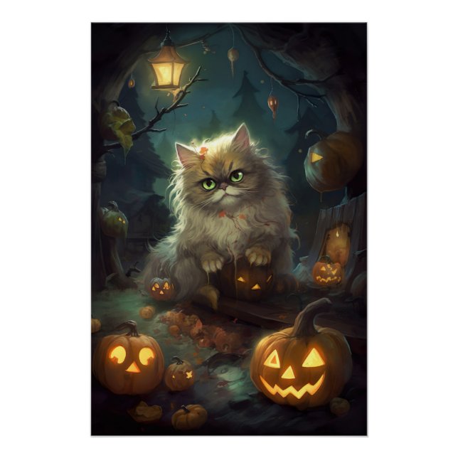 Halloween Persische Katze mit Kürbiskugeln Beängst Poster (Vorderseite)