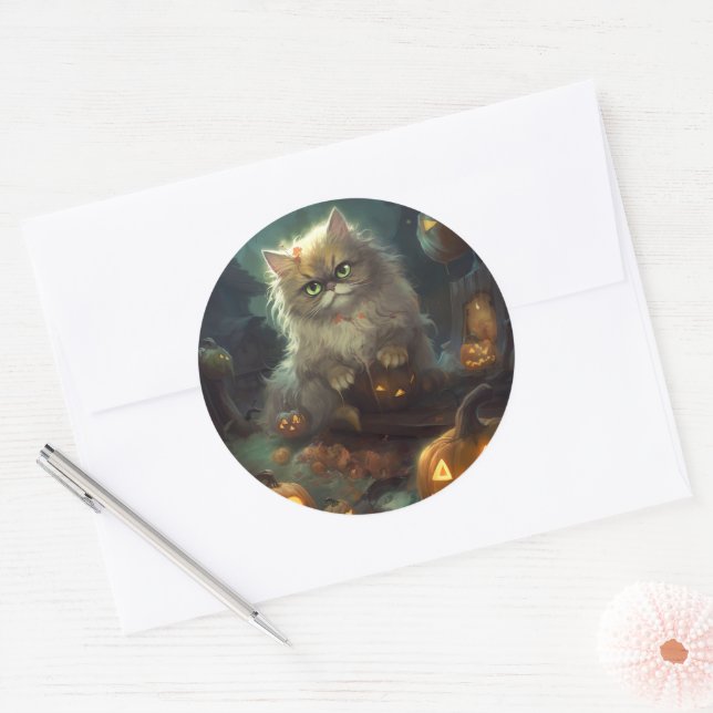 Halloween Persische Katze mit Kürbiskugeln Beängst Runder Aufkleber (Umschlag)