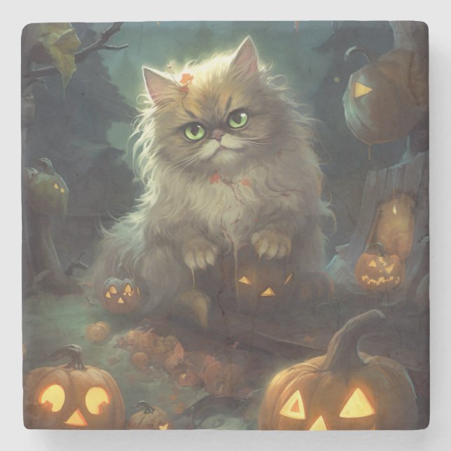 Halloween Persische Katze mit Kürbiskugeln Beängst Steinuntersetzer (Vorderseite)