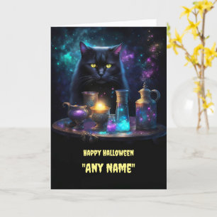 Halloween Personalisiert Name Black Cat and Posts Karte