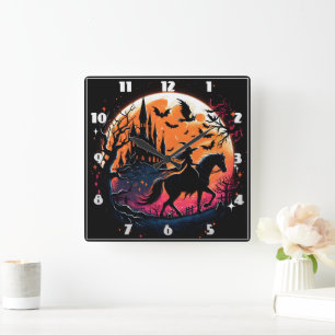 Halloween-Pferdeschlittenfahrt unter einem spöttis Quadratische Wanduhr