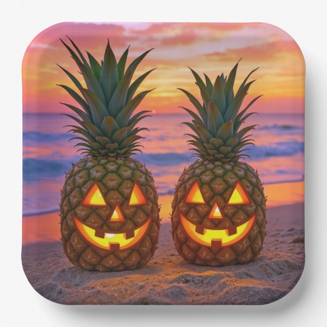 Halloween Pineapple Jack-o-lanterns On a Beach Pappteller (Vorderseite)