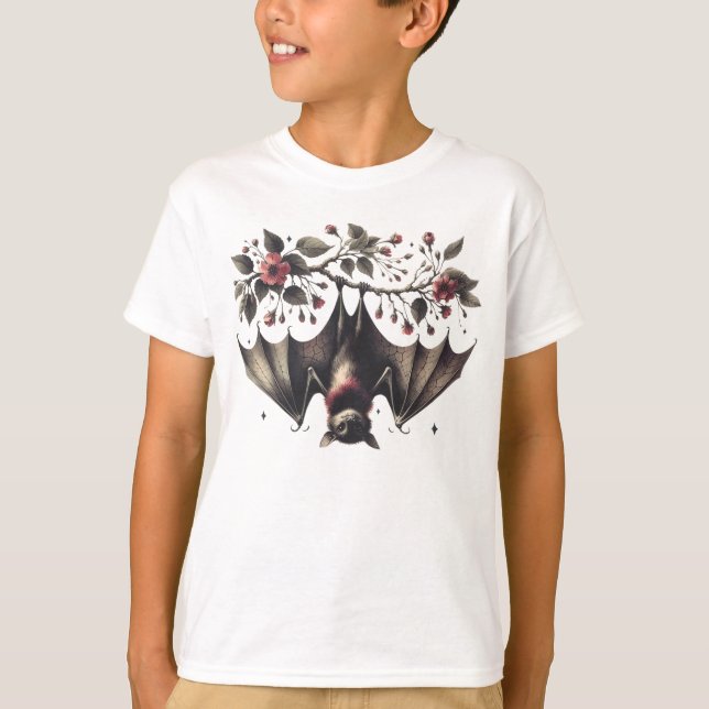 Halloween Pink Blume Bat Green Blätter Beängstigen T-Shirt (Vorderseite)