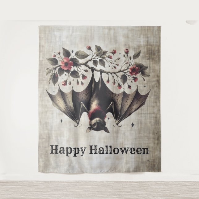Halloween Pink Blume Evil Bat Green Blätter Wandteppich (Vorderseite)