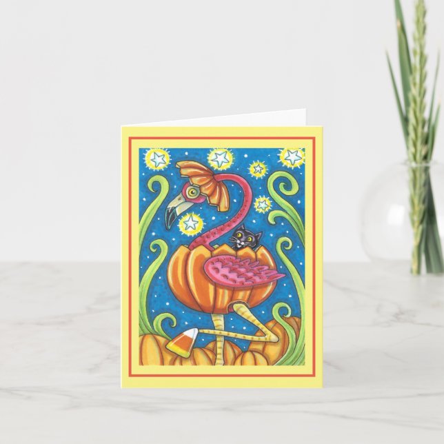 HALLOWEEN PINK FLAMINGO BLACK CAT IN PUMPKIN Blank Karte (Vorderseite)