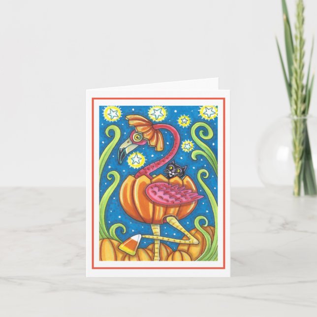 HALLOWEEN PINK FLAMINGO BLACK CAT IN PUMPKIN Blank Karte (Vorderseite)