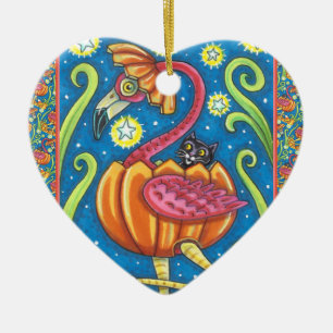 HALLOWEEN PINK FLAMINGO & SCHWARZE KATZE IN PUMPKI KERAMIK ORNAMENT