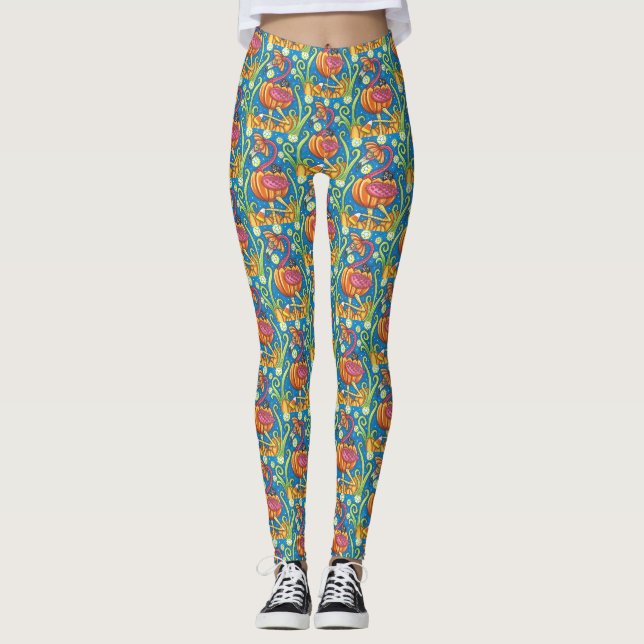 HALLOWEEN PINK FLAMINGO & SCHWARZE KATZE IN PUMPKI LEGGINGS (Vorderseite)