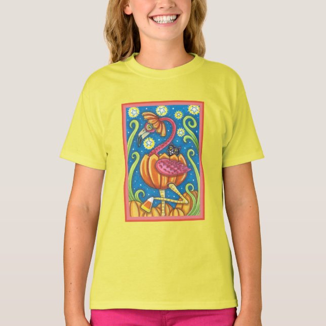 HALLOWEEN PINK FLAMINGO & SCHWARZE KATZE IN PUMPKI T-Shirt (Vorderseite)